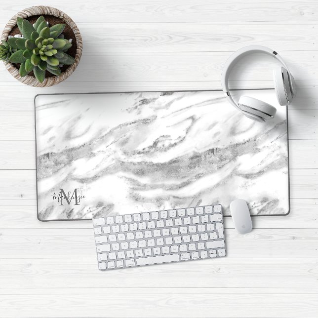 Luxury Silver Foil Marmor Monogram Schreibtischunterlage (Luxury Silver Marble Desk Mat Mouse Pad)