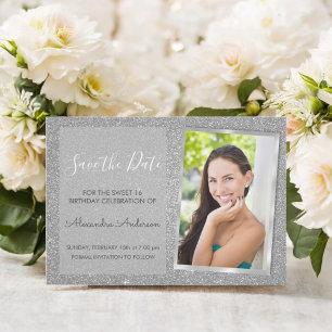 Luxury Silver Glitzer Sweet 16 Save the Date Einladung