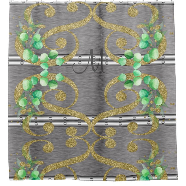 Luxury Silver Gold Glitzer Monogram Duschvorhang (Vorderseite)