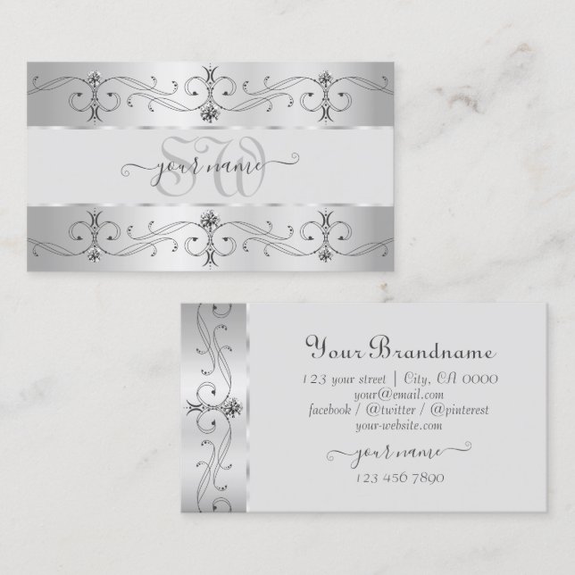 Luxury Silver Gray Verziert Borders Jewels Monogra Visitenkarte (Vorne/Hinten)