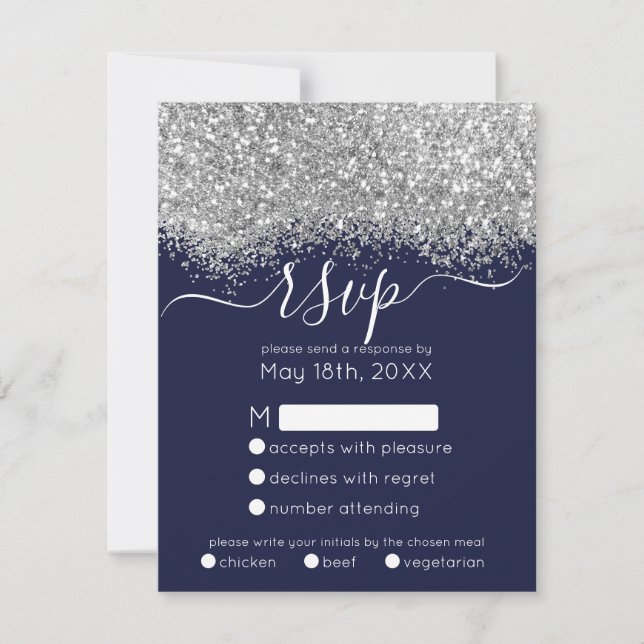Luxury Silver Navy Glitzer Confetti Wedding RSVP Karte (Vorderseite)