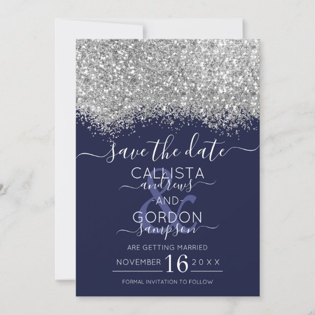 Luxury Silver Navy Glitzer Confetti Wedding Save The Date (Vorderseite)