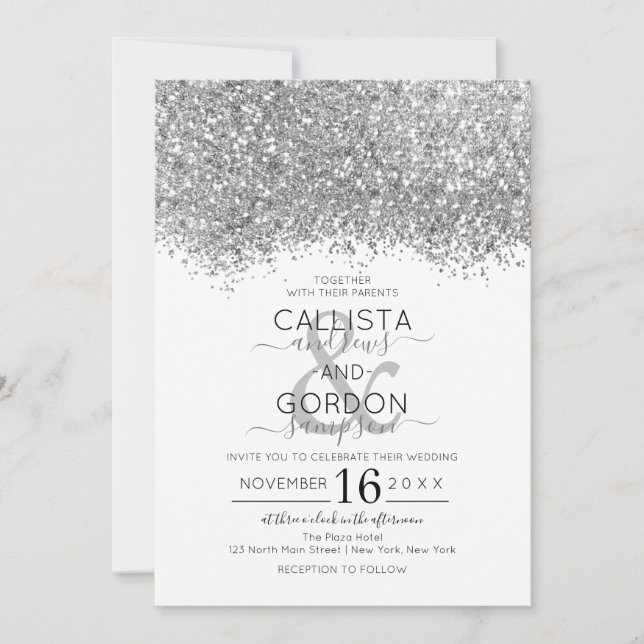 Luxury Silver White Glitzer Confetti Wedding Einladung (Vorderseite)
