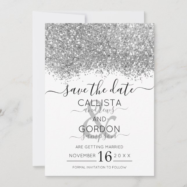 Luxury Silver White Glitzer Confetti Wedding Save The Date (Vorderseite)