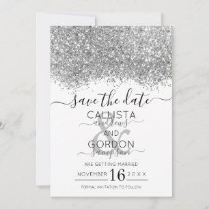 Luxury Silver White Glitzer Confetti Wedding Save The Date