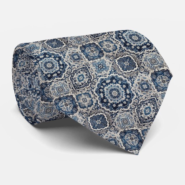 Luxury Statement Moroccan Tiled Faux Silk Neck Tie Krawatte (Gerollt)
