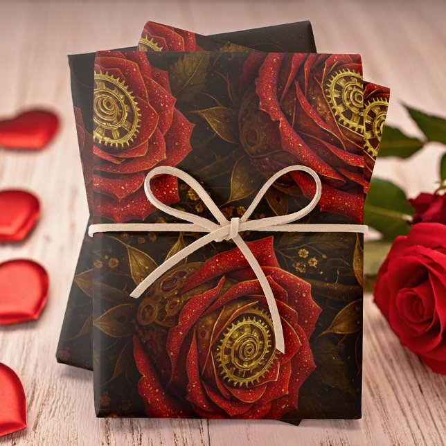 Luxury Steampunk Roses Romantic Gold Gears Geschenkpapier Set (Von Creator hochgeladen)
