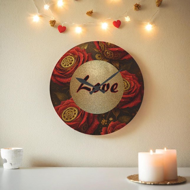 Luxury Steampunk Roses Romantic Gold Gears Große Wanduhr (Von Creator hochgeladen)