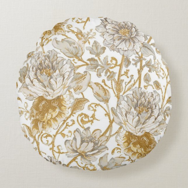 Luxury,The Beauty of Blooming Gold Flowers Patter Rundes Kissen (Vorderseite)