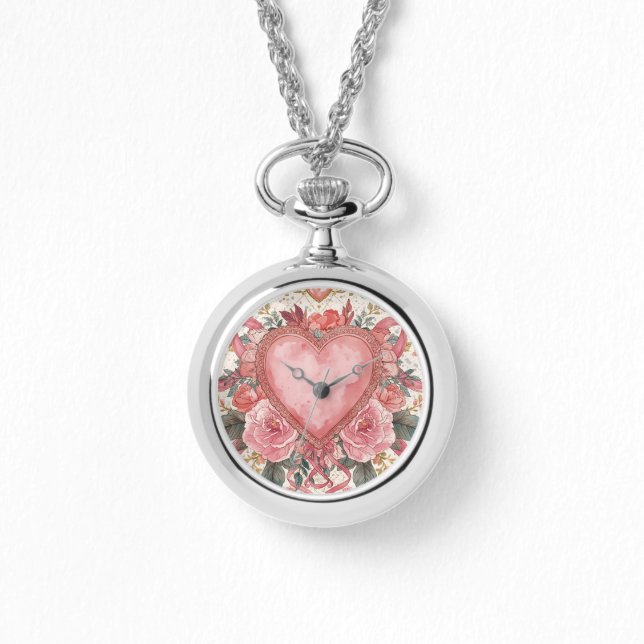 Luxury,Valentine, Love Pink Heart ,Flowers Pattern Armbanduhr (Vorderseite)