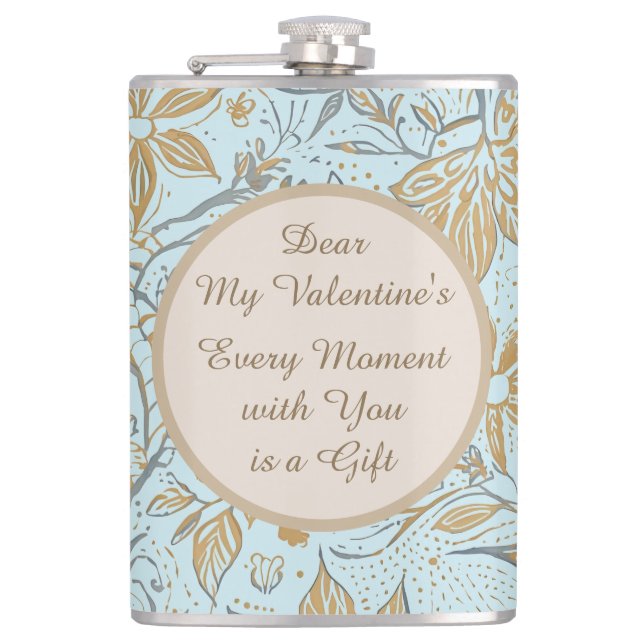 Luxury, Valentine's Day,Gold Soft Blue Flowers Art Flachmann (Vorderseite)