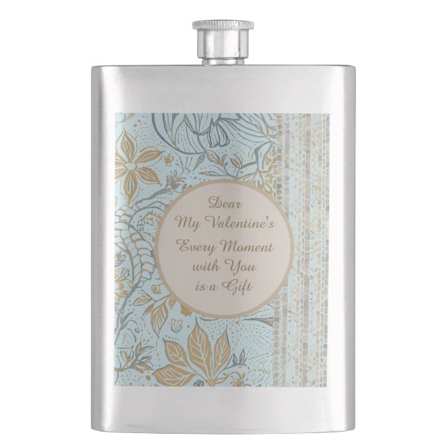 Luxury, Valentine's Day,Gold Soft Blue Flowers Art Flachmann (Vorderseite)