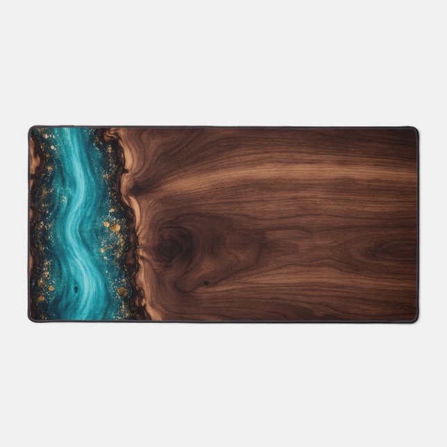Luxury Walnut Wood and Teal Resin Art Desk Mat Schreibtischunterlage (Vorderseite)