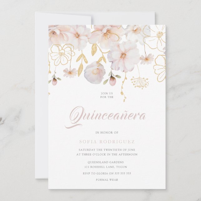 Luxury Watercolor Wildflowers Blush Quinceanera  Einladung (Vorderseite)