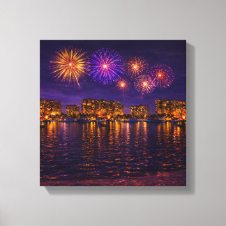 Luxury Waterfront Fireworks Night Canvas Wall Art  Leinwanddruck