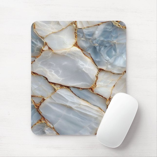 Luxury White Blue Marble & Gold Veins Agate Stone  Mousepad (Mit Mouse)