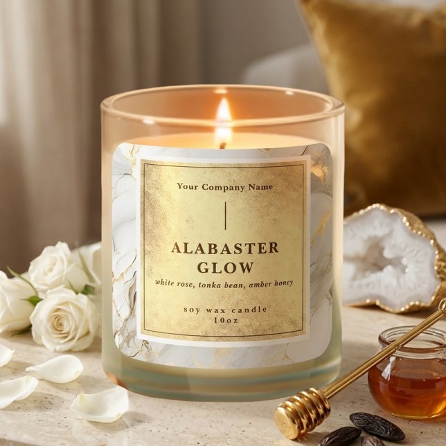 Luxury White Gold Agate Elegant Shiny Candle Label Quadratischer Aufkleber (Luxury White Gold Agate Elegant Shiny Candle Label)