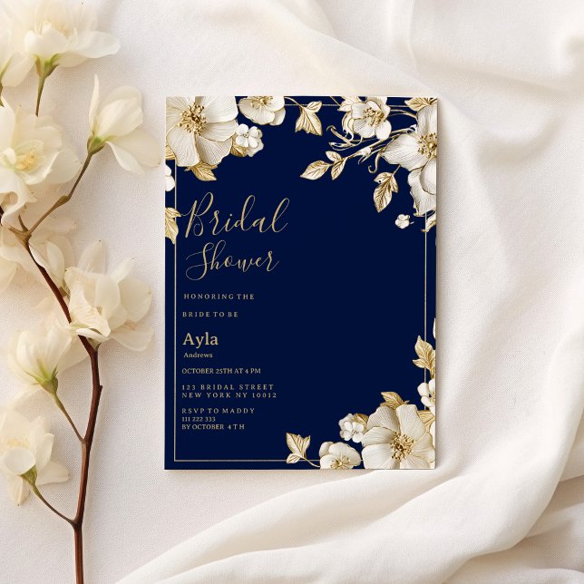 Luxury white gold floral navy blue Bridal Shower Einladung (Luxury white gold floral navy blue Bridal Shower)