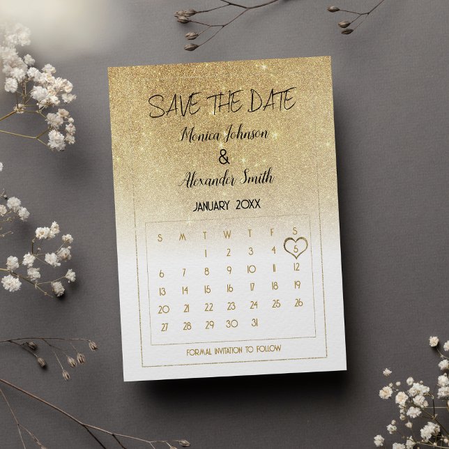 Luxury White Gold Glitter Calendar Save the Date  Ankündigungspostkarte (Luxury White Gold Glitter Calendar Save the Date Announcement )