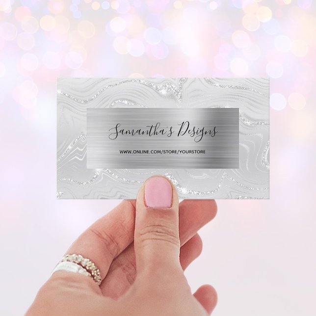 Luxury White Marble Agate Glam Silver Foil Visitenkarte (Luxury White Marble Agate Glam Silver Foil Business Card)