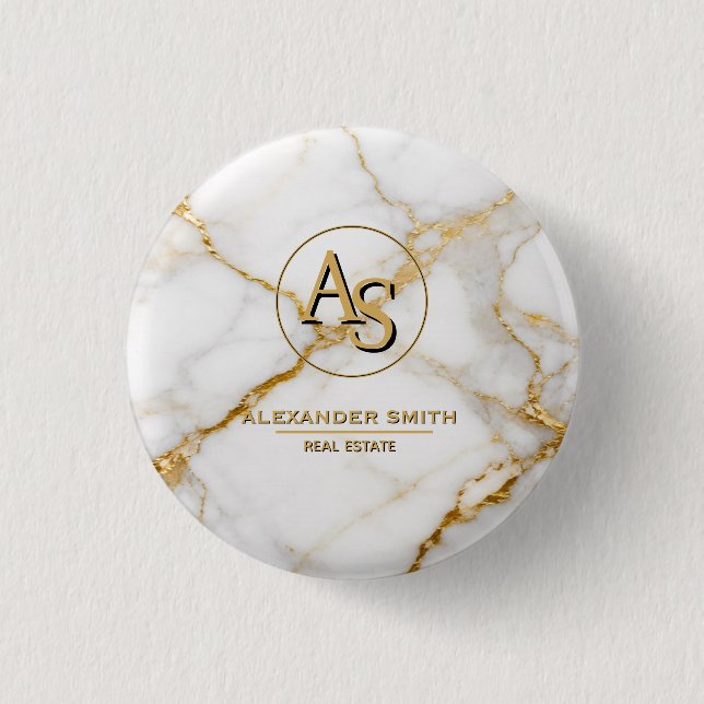 Luxury White Marble Gold Monogram Real Estate  Button (Vorderseite)