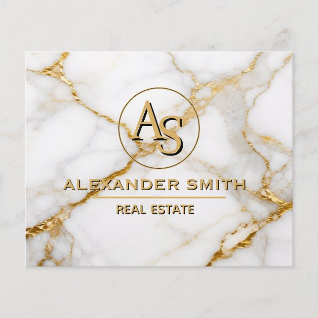 Luxury White Marble Gold Monogram Real Estate  Flyer (Vorne)