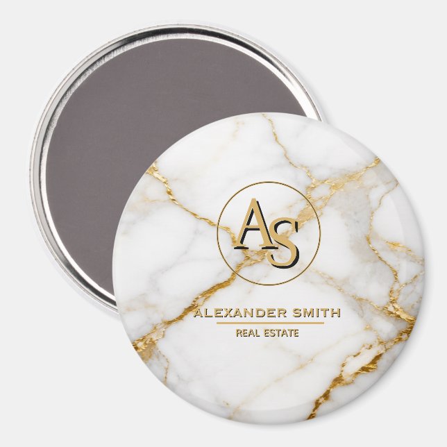 Luxury White Marble Gold Monogram Real Estate  Magnet (Vorderseite/Rückseite)