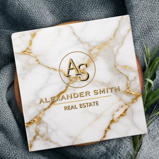 Luxury White Marble Gold Monogram Real Estate  Terminkarte (Von Creator hochgeladen)