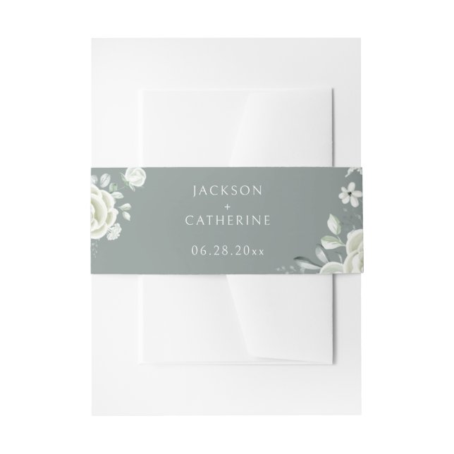 Luxury White Rose Sage Green Wedding Einladungsbanderole (Vorderseite Beispiel)