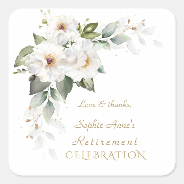 Luxury White Wild Rose Rentirement Celebration Quadratischer Aufkleber (Vorderseite)