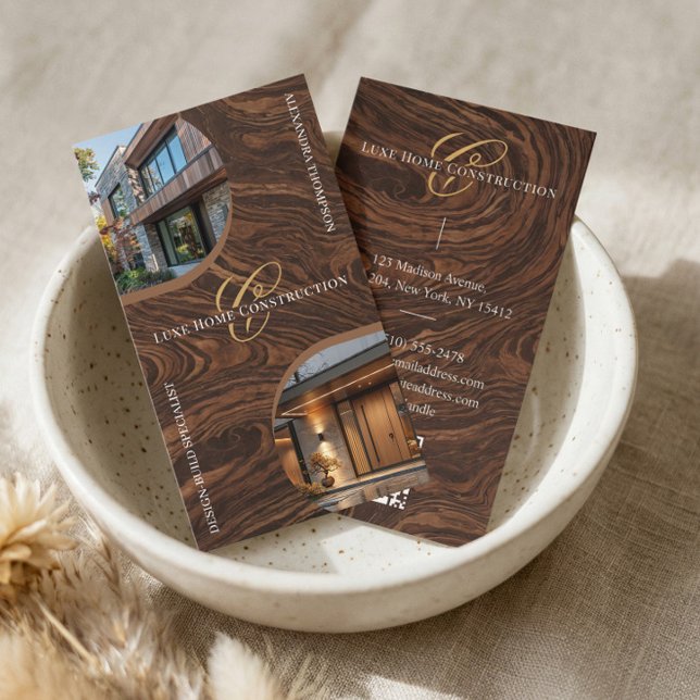 Luxury Woodgrain Monogram Home Contractor Photo Visitenkarte (Luxury Woodgrain Monogram Home Contractor Photo Business Card)