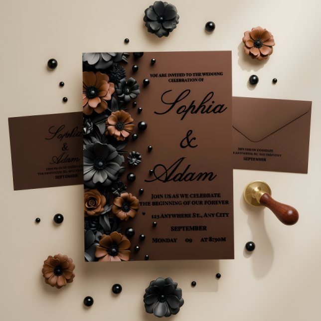 Luxus 3D Blumen Bronze & Schwarz Hochzeitseinladun RSVP Karte (Von Creator hochgeladen)