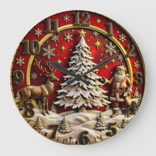 Luxus-3D-Metall-Weihnachtsbaum- und Santa-Wanduhr Große Wanduhr