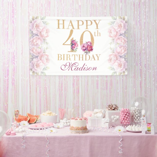 Luxus 40. Geburtstag Peonies Pink Gold Glitzer Banner (Party)