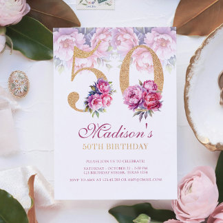 Luxus 50. Geburtstag Floral Pink Gold Glitzer Einladung