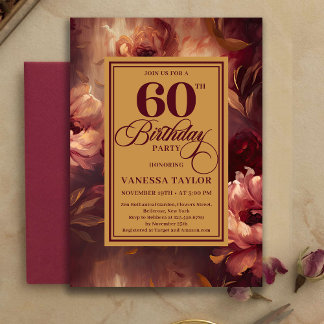 Luxus 60 Geburtstag Burgunder-Rosa Gold Aquarell Einladung