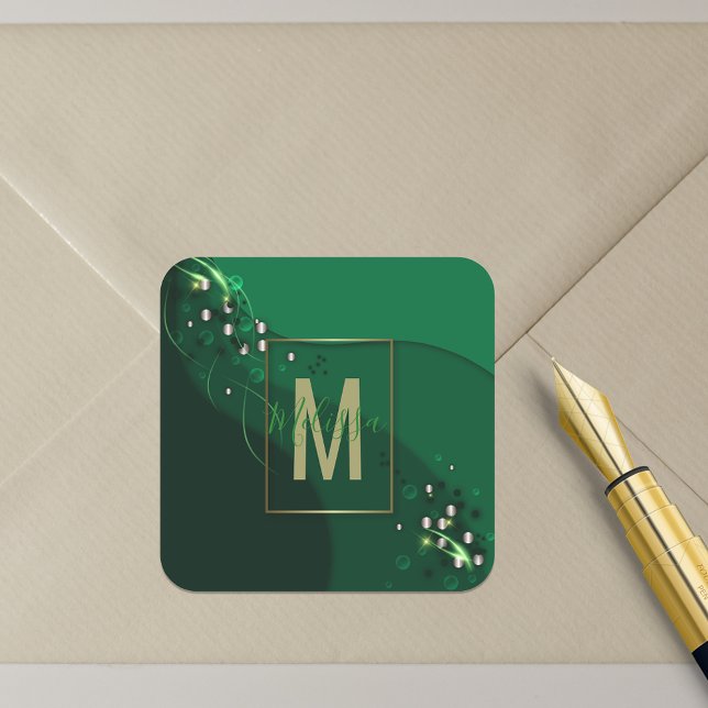 Luxus Abstrakt Emerald Green Gold Mit Monogramm Quadratischer Aufkleber (Von Creator hochgeladen)