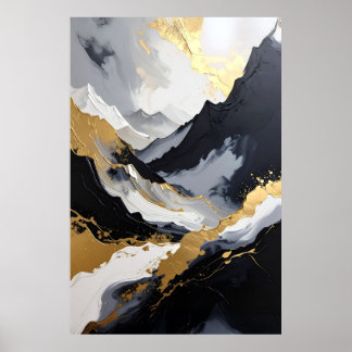 Luxus-Abstraktes Bergmotiv in Schwarz, Weiß und Go Poster