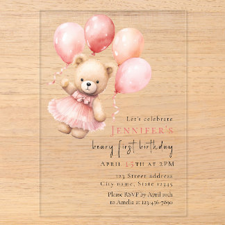 Luxus-Acrylbär Teddybär Mädchen 1. Geburtstag Acryleinladungen