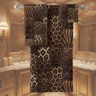 Luxus-African-Tierdruck Braun Faux Glitter Badhandtuch Set