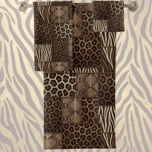 Luxus-African-Tierdruck Braun Faux Glitter Badhandtuch Set