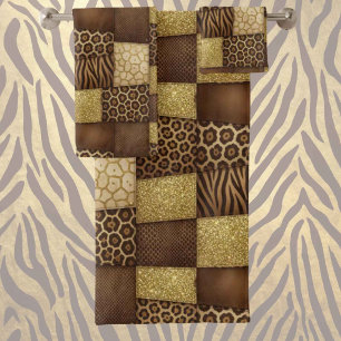 Luxus-African-Tierdruck Dunkelbraun und Gold Badhandtuch Set
