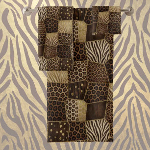 Luxus-African-Tierdruck Dunkelbraun und Gold Badhandtuch Set