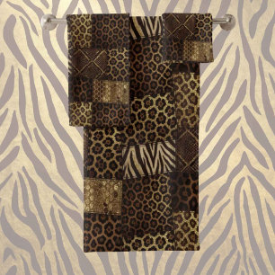 Luxus-African-Tierdruck Dunkelbraun und Gold Badhandtuch Set
