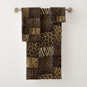 Luxus-African-Tierdruck   Dunkelbraun und Gold Badhandtuch Set