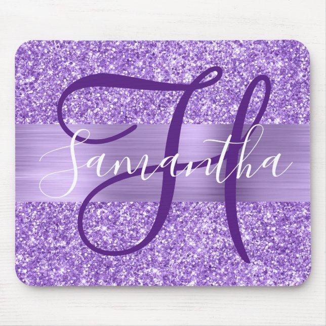Luxus Amethyst Glitzer Personalisiert Monogram Mousepad (Vorne)