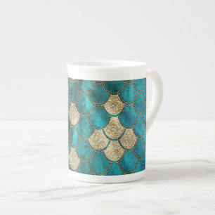 Luxus Aqua Green Mermaid Scales mit Gold Glitzer Prozellantasse