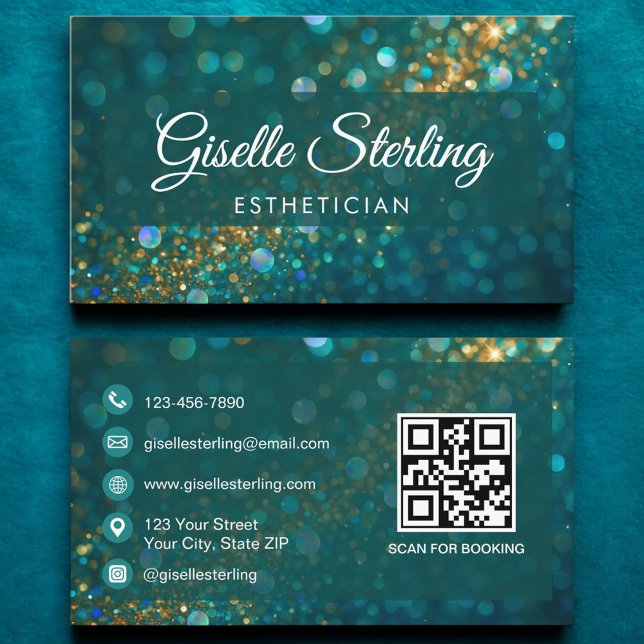 Luxus Aquamarin Gold Glitzer Esthetician QR Code Visitenkarte (Von Creator hochgeladen)
