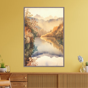 Luxus-Aquarell Herbst Bergsee Leinwanddruck