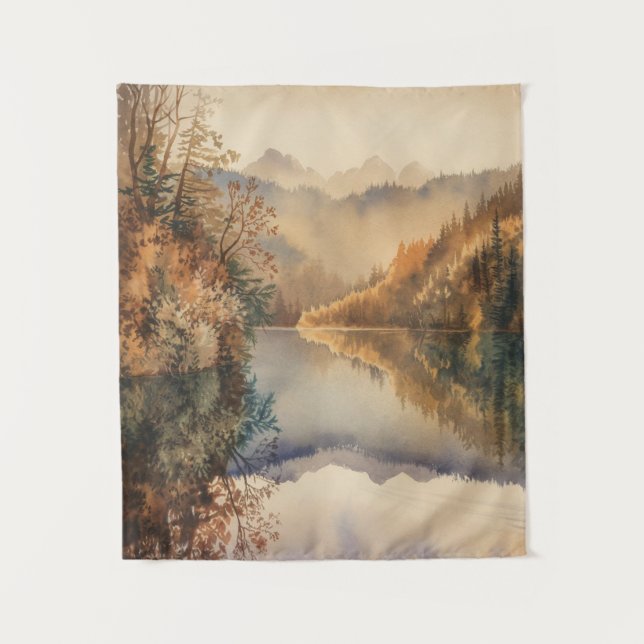 Luxus-Aquarell Herbst Bergsee Wandteppich (Vorderseite)